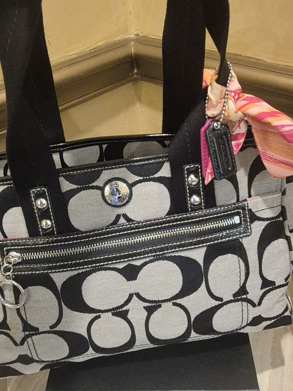 Coach Black and Cream Signature Canvas Tote with Studded Strap Accents - Picture 5 of 8